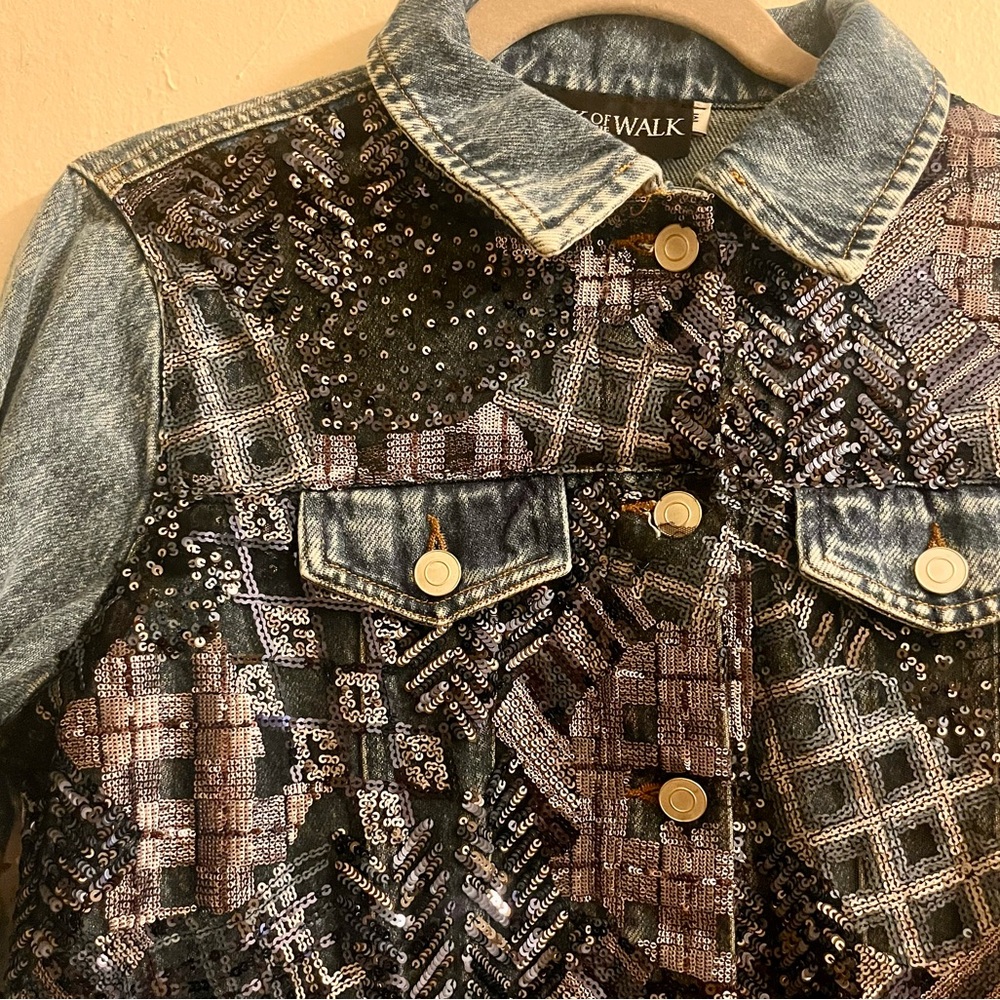 nwt ๐ denim moto jacket with abstract plaid sequins - Picture 6 of 16